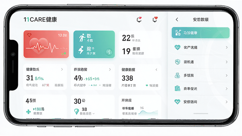 主体为“1CARE健康”APP的手机界面全景展示,布局清晰,左侧为健康数据仪表盘,右侧为功能菜单列表,排版整齐,风格为现代简约医疗科技风,细节包含心率、步数等图标,画质高清,干净,无多余元素,文字引用“1CARE健康”