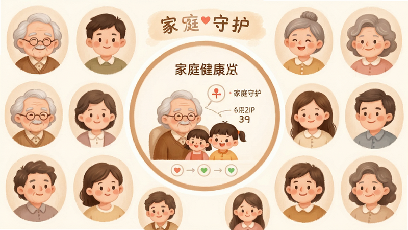 主体为家庭成员头像列表,布局呈环形排列,中心为家庭健康总览,排版对称平衡,风格为温暖家庭风,细节包含老人与儿童卡通形象,画质柔和,干净,无多余元素,文字引用“家庭守护”