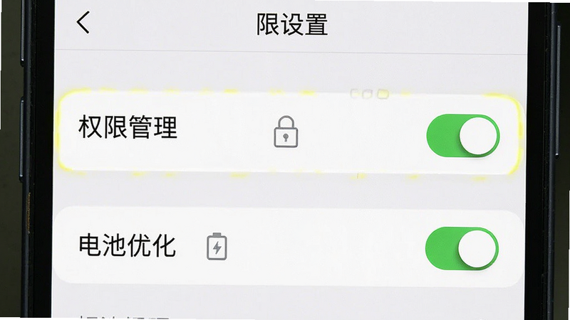 主体为手机设置界面截图,布局重点高亮显示“权限管理”和“电池优化”选项,排版清晰,风格为系统原生UI,细节包含开关按钮状态,画质清晰,干净,无多余元素,文字引用“权限设置”