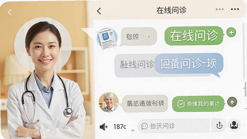 主体为医生头像与对话气泡界面,布局左侧为医生信息栏,右侧为聊天窗口,排版模拟即时通讯软件,风格为温馨信任感,细节包含处方单预览图标,画质高清,干净,无多余元素,文字引用“在线问诊”