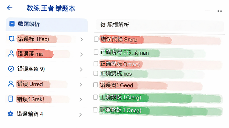 主体为教练王者错题本界面,布局左侧列表右侧解析,排版清晰,风格简约白底蓝字,细节显示红色高亮的错误选项与绿色正确解析,画质高清,无水印