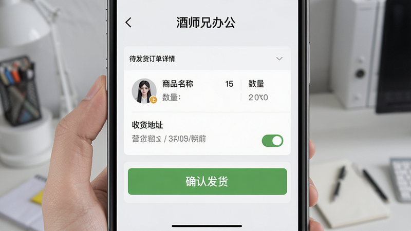 “酒师兄办公”APP订单处理界面预览,显示一条待发货订单详情,包含商品名称、数量、收货地址,底部有醒目的“确认发货”按钮,界面逻辑清晰,操作便捷,背景为浅灰色,突出操作区域,细节丰富,画质高保真