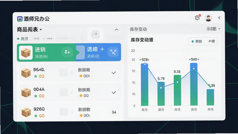 软件功能示意图,展示“酒师兄办公”APP中的库存管理模块,左侧为商品列表,右侧为库存变动图表,界面整洁,使用绿色和蓝色区分进销数据,体现数据可视化效果,风格现代简约,高清渲染