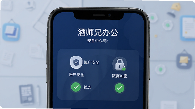 “酒师兄办公”APP安全中心界面预览,显示“账户安全”和“数据加密”状态为绿色对勾,界面设计强调信任感,背景为深蓝色,图标清晰,风格专业,高清,无多余装饰