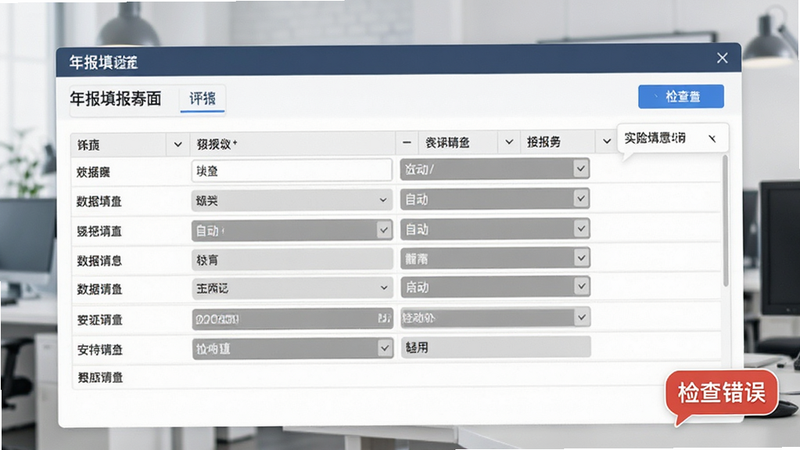 展示年报填报界面,表格形式的数据录入,部分字段已自动填充灰色背景,右下角有红色“检查错误”提示气泡,界面整洁,现代办公风格,细节丰富