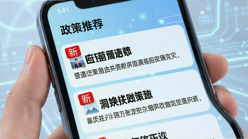 手机屏幕显示“政策推荐”列表,每条政策前有红色“新”标签,标题醒目,下方有简短摘要,背景为浅蓝色渐变,体现科技感与信息流,高清渲染