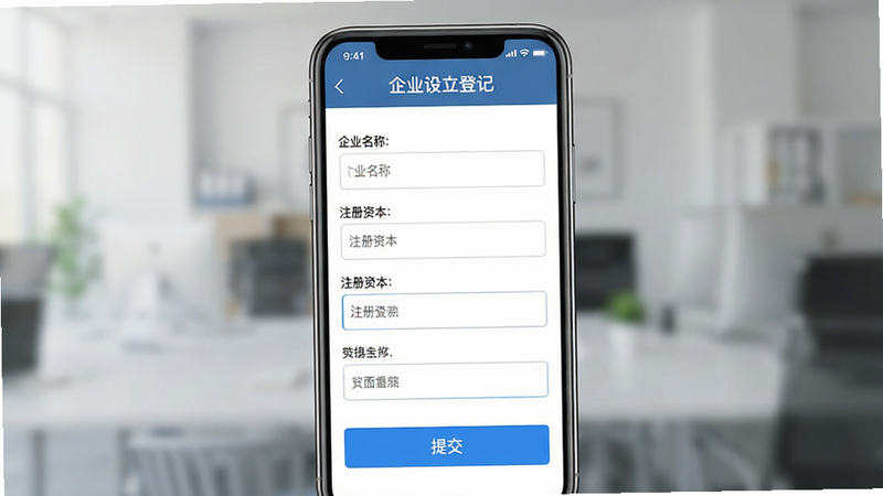 模拟手机屏幕显示“企业设立登记”办理页面,表单填写界面,包含企业名称、注册资本等输入框,右侧有蓝色“提交”按钮,界面清晰,扁平化设计,高保真UI设计