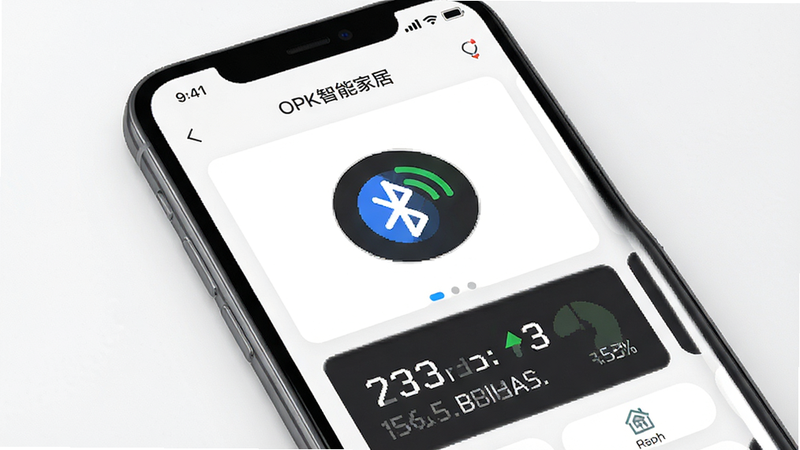展示OPK智能家居APP的连接状态界面,屏幕显示蓝牙信号强度图标和数据传输速率,布局简洁,排版留白充足,风格商务简洁,细节准确,画质高清,干净无多余元素,文字包含