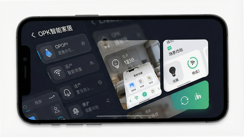 一张展示OPK智能家居APP界面的高清截图,主体为手机屏幕,显示设备列表和场景控制卡片,布局整洁,排版清晰,风格简约现代,细节丰富,画质高清,干净无多余元素,文字包含