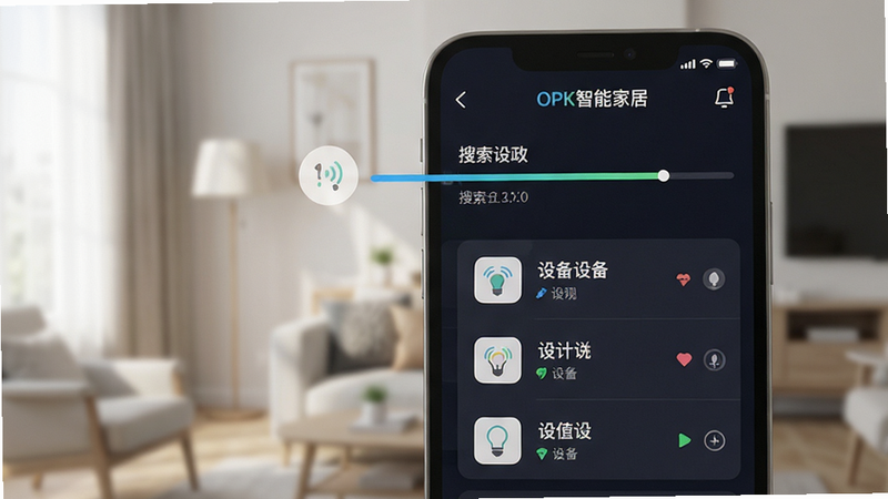 展示OPK智能家居APP的设备连接界面,屏幕显示搜索进度条和已发现设备列表,布局简洁,排版清晰,风格现代,细节丰富,画质高清,干净无多余元素,文字包含