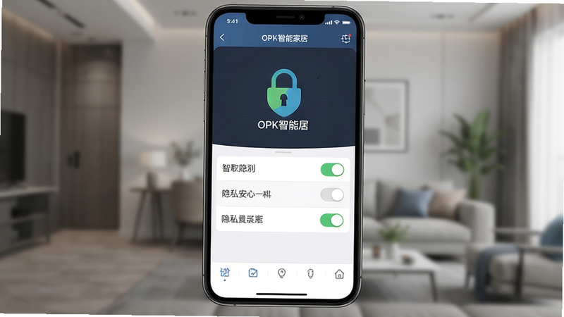 展示OPK智能家居APP的安全设置界面,屏幕显示加密标识和隐私选项开关,布局底部对齐,排版规整,风格严肃专业,细节严谨,画质高清,干净无多余元素,文字包含