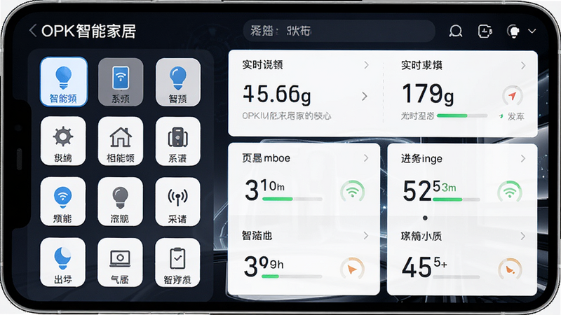 展示OPK智能家居APP中多设备聚合管理的界面,屏幕左侧为设备图标列表,右侧为实时状态数据,布局左右分栏,排版紧凑,风格科技感强,细节清晰,画质高清,干净无多余元素,文字包含