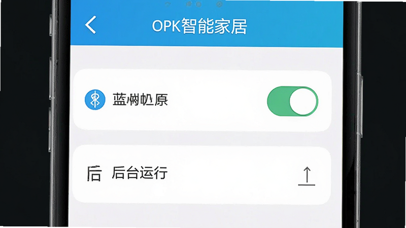 展示OPK智能家居APP的设置页面,屏幕显示蓝牙权限开关和后台运行选项,布局纵向排列,排版清晰,风格简洁明了,细节突出,画质高清,干净无多余元素,文字包含