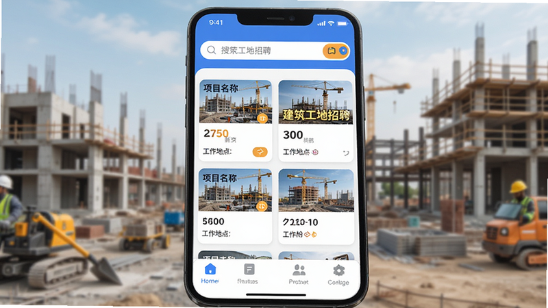 Boogu-Image 风格,主体为建筑工地招聘App界面,布局清晰,顶部显示搜索栏,中间展示多个工地招聘卡片,包含项目名称、薪资范围、工作地点,底部有功能导航栏,风格现代扁平化,细节丰富,画质高清,干净无多余元素,文字显示