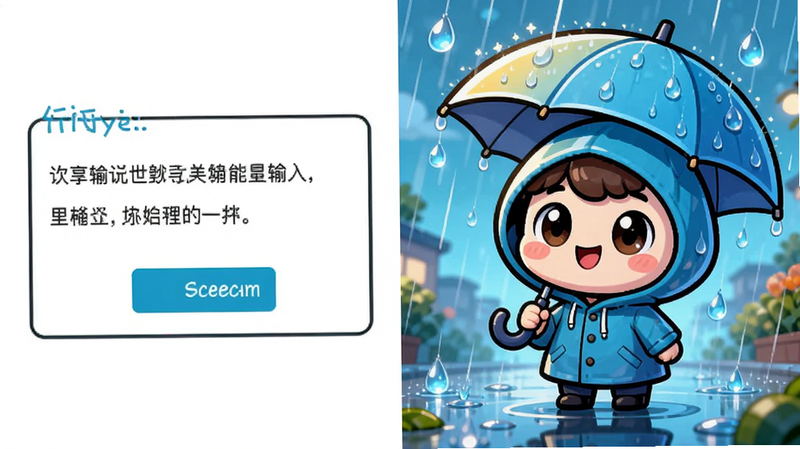 主体为对比展示图,左侧是文字输入框,右侧是生成的精美漫画画面,画面包含一个可爱的卡通角色在雨中撑伞的场景,色彩鲜艳,线条流畅,风格为高清矢量插画,布局左右分屏,排版清晰,细节丰富,画质极高,干净无多余元素