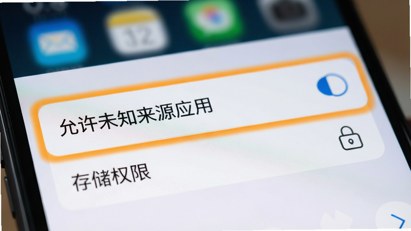 主体为手机设置界面特写,高亮显示“允许未知来源应用”和“存储权限”选项,背景虚化,风格为教程示意图,排版清晰,细节突出,画质高清,干净无多余元素