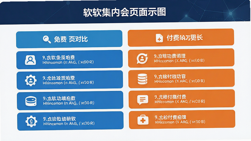 主体为软件内会员页面示意图,展示免费与付费功能的对比列表,图标清晰,文字说明明确,风格为商务简约,布局整齐,细节丰富,画质4k,干净无多余元素