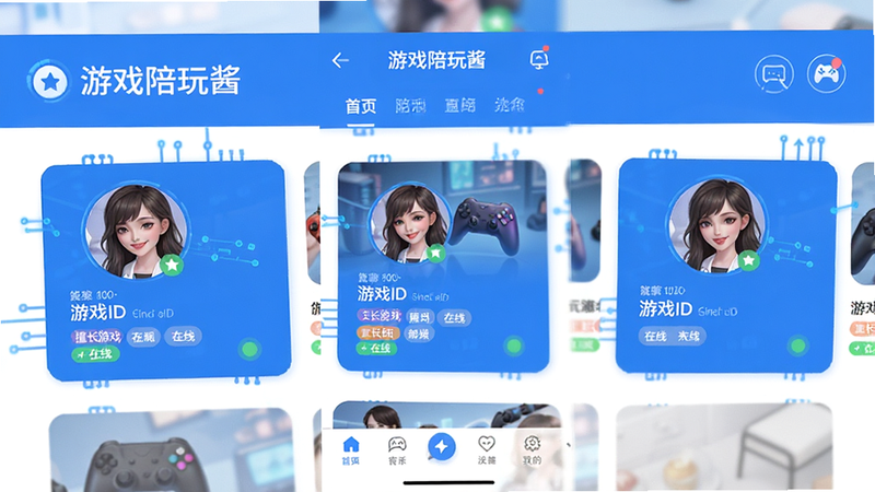 主体为《游戏陪玩酱》手机应用界面截图,布局采用扁平化设计,顶部显示清晰的导航栏,中间区域展示多个游戏陪玩师的个人卡片,包含头像、游戏ID、擅长游戏标签及在线状态,底部为简洁的功能标签栏。整体风格清新明快,使用蓝白配色,细节处体现科技感与亲和力,画质高清,干净无多余元素,文字清晰可读。