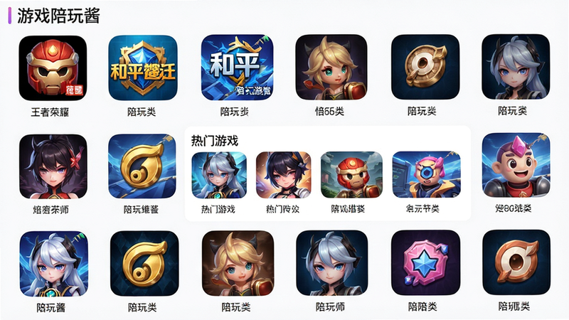 主体展示《游戏陪玩酱》内的游戏分类界面,布局为网格状排列的游戏图标,包括王者荣耀、和平精英、原神等知名手游Logo,每个图标下方标注对应的陪玩师数量。排版整齐有序,视觉焦点集中在中央的“热门游戏”推荐区。风格现代简约,色彩丰富但不过分艳丽,细节处突出游戏原画质感,画质极佳,干净无水印,文字标签清晰醒目。