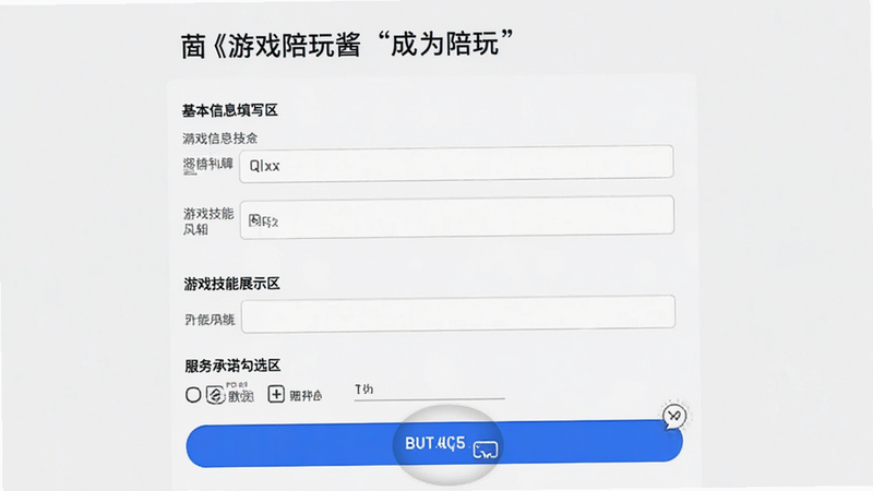 主体为《游戏陪玩酱》“成为陪玩”申请页面,布局清晰,分为基本信息填写区、游戏技能展示区和服务承诺勾选区。排版采用垂直列表形式,每个输入框旁边有明确的提示文字。风格简洁专业,背景为浅灰色,强调按钮使用品牌蓝。细节处展示提交按钮的点击状态,画质清晰,干净无杂项,文字说明准确无误。
