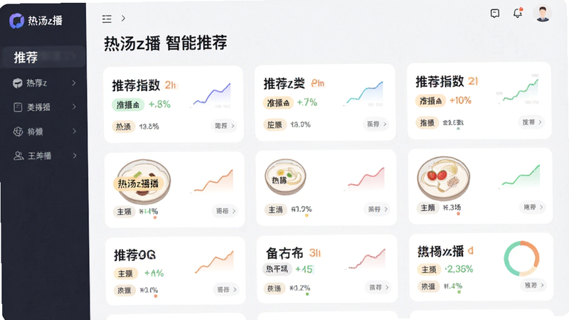 热汤z播的个性化推荐界面图,主体为推荐列表卡片,布局整齐划一,排版现代简约,风格为数据可视化风,细节显示标签分类和推荐指数,画质清晰,干净,无多余元素,文字标注为