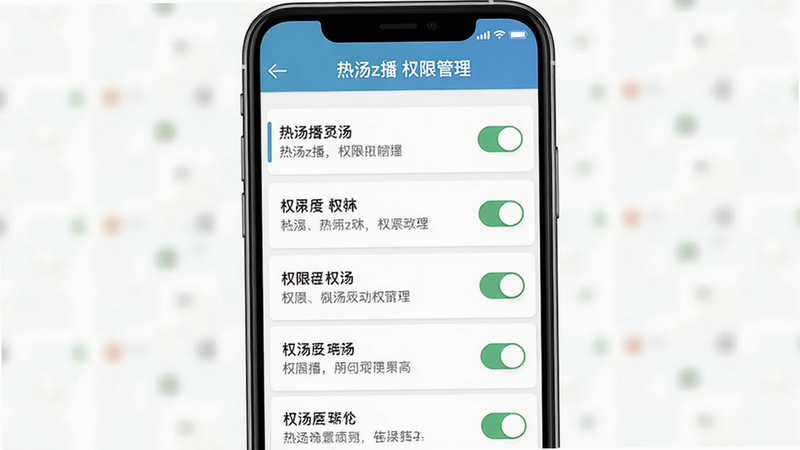 热汤z播的手机设置界面示意图,主体为权限设置列表,布局清晰,排版整齐,风格为简洁UI设计,细节显示开关按钮和权限描述,画质清晰,干净,无多余元素,文字标注为
