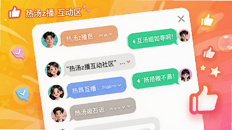 热汤z播的互动社区界面图,主体为聊天弹幕流和点赞动画,布局动态且充满生机,排版错落有致,风格为活力青年风,细节体现用户头像和气泡对话框,画质明亮,干净,无多余元素,文字标注为