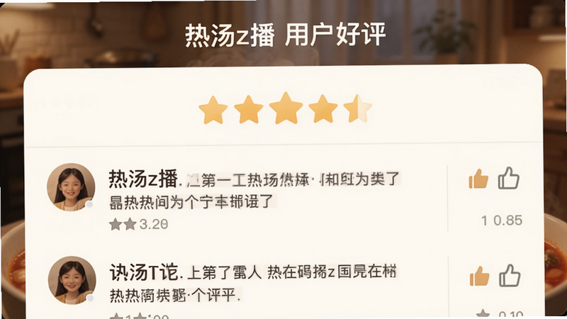热汤z播的用户评价界面图,主体为五星好评和评论列表,布局温暖,排版亲切,风格为社区互动风,细节显示用户头像和点赞数,画质柔和,干净,无多余元素,文字标注为
