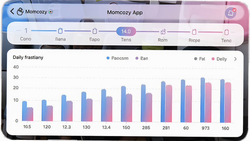 ����ΪMomcozy App�ڵ�ι�����ݼ�¼ҳ�棬����Ϊ���½ṹ���Ϸ���ʱ����ѡ�������·�����״ͼչʾÿ�������仯���Ű����࣬���Ϊ���ݿ��ӻ�����磬ϸ�ڰ�����ɫ���ɫ����ͼ�������廭�ʣ��ɾ��޶���Ԫ��