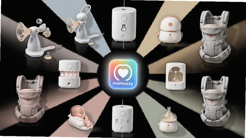 ����ΪMomcozy����������̬ȫ��ͼ�����ֲ������ķ���״�������Ƿ����Momcozy Appͼ�꣬��Χ��������������������ƿ��ϴ����Ӥ�������Ȱ�ɫ��Լ����Ʒ���Ű����Գƣ����Ϊ�ִ�����Ƽ��У�ϸ�ڴ�������͵�ĸӤ��ܰɫ�������廭�ʣ��ɾ��޶���Ԫ��