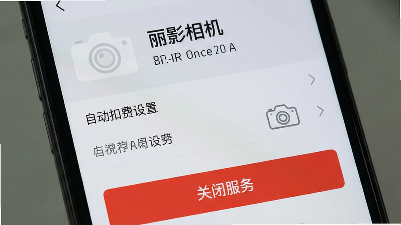 手机支付平台界面,显示“丽影相机”自动扣费设置,红色按钮为“关闭服务”,背景为浅灰色,文字清晰,风格简约,细节准确,画质高清,干净无多余元素