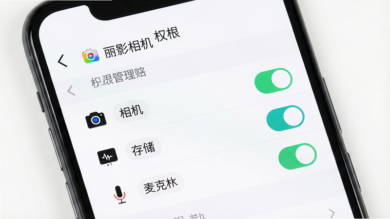 手机设置界面,显示“丽影相机”权限管理页面,勾选了相机、存储、麦克风权限,背景为白色,文字清晰,风格简洁,细节完整,画质高清,干净无多余元素