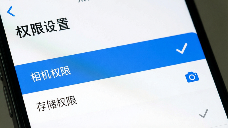 主体为手机设置界面,布局为列表形式,高亮显示“相机权限”和“存储权限”选项,排版清晰,风格简洁,细节包含勾选标记,画质清晰,干净,无多余元素,文字“权限设置”清晰