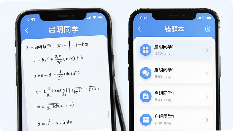 主体为启明同学APP的手机界面展示图,布局清晰,左侧显示数学公式解析,右侧显示错题本列表,排版整洁有序,风格为扁平化科技感,细节包含清晰的图标和柔和的蓝白色调,画质高清,干净,无多余元素,文字“启明同学”清晰可见