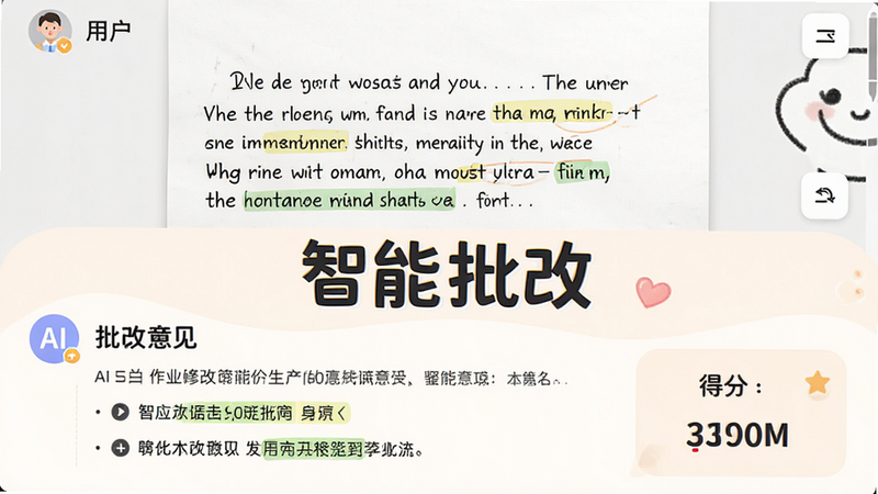 主体为作业批改界面,布局分为上下两部分,上部显示用户上传的手写英语作文截图,下部显示AI生成的批改意见和得分,排版层次分明,风格温馨友好,细节包含高亮显示的语法错误词汇,画质清晰,干净,无多余元素,文字“智能批改”醒目
