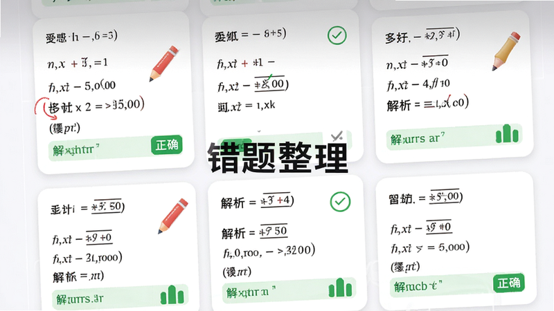 主体为错题本功能界面,布局采用卡片式排列,每张卡片显示一道数学题及其解析,排版紧凑,风格现代简约,细节包括红色的纠错标记和绿色的正确标记,画质细腻,干净,无多余元素,文字“错题整理”清晰