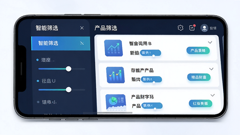 ���Ƹ����Ʒɸѡ���棬����Ϊ�ֻ���Ļ������Ϊ���ɸѡ�˵����Ҳ��Ʒ�б������Ϊ�Ƽ���UI��ϸ�ڴ��л���ؼ��ͱ�ǩ��ť����ɫ���£����ʸ��壬�ɾ����޶���Ԫ�أ����ְ���'����ɸѡ'