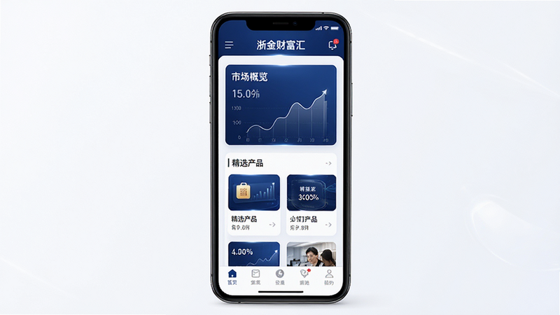 ���Ƹ���App����ȫ��չʾ������Ϊ�ֻ���Ļ������������������ʾ���������в�Ϊ���Ĺ��ܿ�Ƭ��'�г�����'��'��ѡ��Ʒ'���ײ�Ϊ�̶���ǩ�������Ϊ�ִ���������磬��ɫ�������Ͱ�ɫΪ����ϸ�ڴ��й���У�����8K���ɾ����޶���Ԫ�أ����ְ���'���Ƹ���'