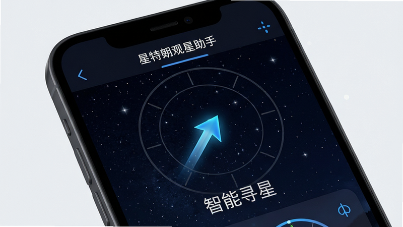 手机屏幕特写,显示“星特朗观星助手”的寻星模式,界面中央有一个动态箭头指向北极星,背景是深邃的星空,布局聚焦,排版简洁,风格现代,细节清晰,画质高清,干净无杂点,文字标注“智能寻星”