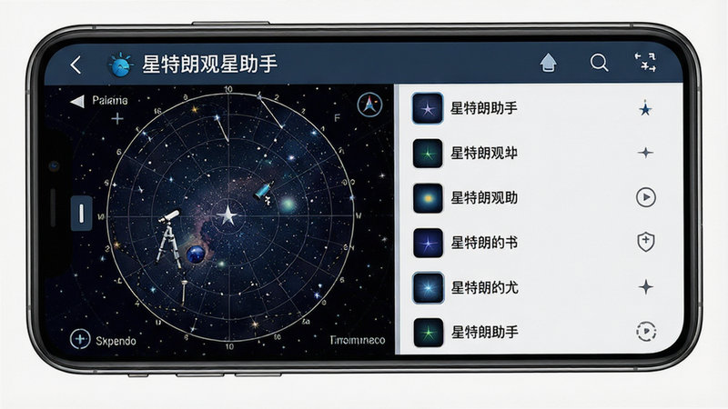 一张高清手机界面展示图,主体为“星特朗观星助手”APP界面,布局清晰,左侧显示星空地图,右侧列出目标星体列表,排版整洁,风格科技感强,细节丰富,画质超清,干净无多余元素,文字标注“星特朗观星助手”