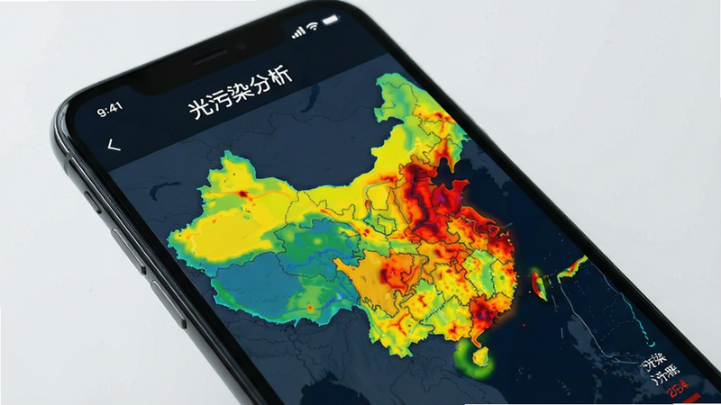 手机屏幕显示光污染地图,用不同颜色标示污染等级,布局直观,排版合理,风格数据可视化,细节丰富,画质高保真,干净无噪点,文字标注“光污染分析”