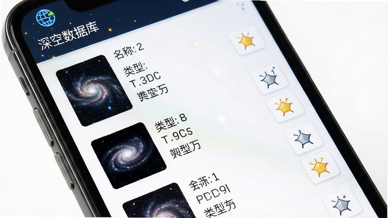 手机界面展示深空天体列表,条目清晰,包含名称、类型、亮度图标,布局紧凑有序,排版专业,风格科学严谨,细节完整,画质清晰,干净无冗余,文字标注“深空数据库”