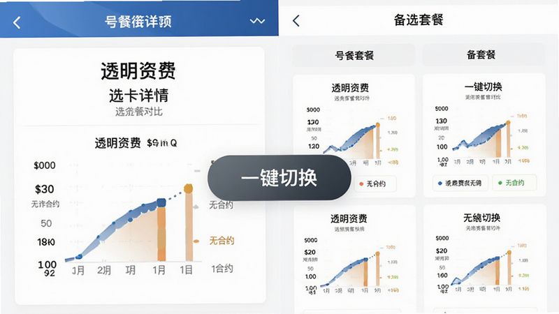 主体为号卡街APP内的套餐对比页面,布局左右分栏,左侧显示选中套餐详情,右侧显示备选套餐,中间有醒目的“一键切换”按钮,风格商务专业,细节展示资费构成图表,文字标注“透明资费”、“无合约”,画质清晰,干净无多余元素