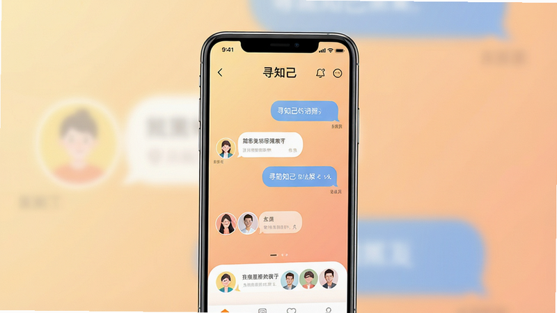 一张现代简约风格的手机应用界面展示图,主体为一部竖屏智能手机,屏幕中央显示“寻知己”App的主界面,背景为柔和的暖色调渐变,界面中有几个聊天气泡和好友头像,整体布局干净清爽,排版整齐,风格温馨治愈,细节丰富,画质高清,无多余元素