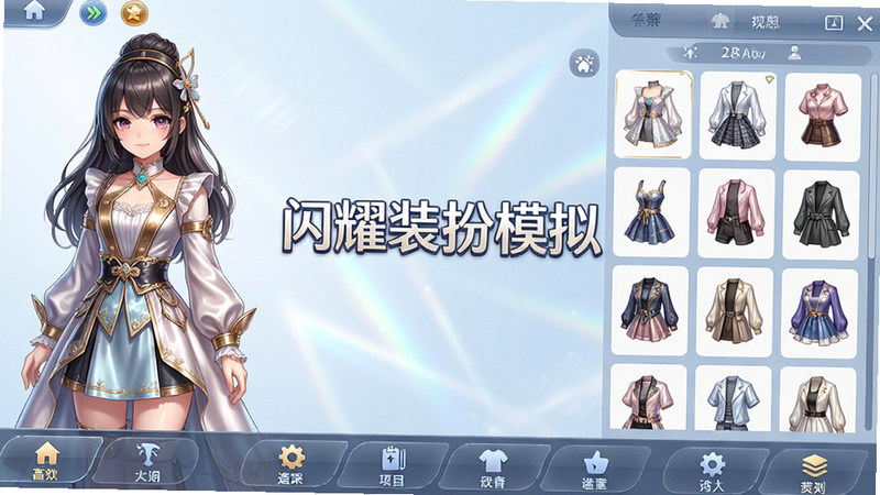 主体为‘闪耀装扮模拟’游戏主界面全景,布局采用左侧角色立绘、右侧服饰列表、底部功能栏的典型手游UI排版,风格为清新明亮的二次元写实风,细节处体现丝绸与金属质感的光泽,画质8K高清,干净无多余元素,界面中央显示‘闪耀装扮模拟’字样
