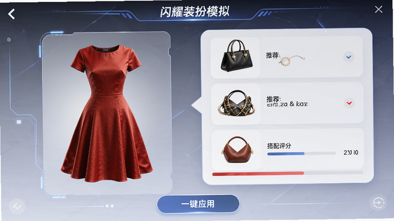 主体为‘闪耀装扮模拟’的智能搭配界面,左侧显示一件红色连衣裙,右侧弹出三个推荐配饰选项,布局为对比展示型,风格为科技感与时尚感结合,细节显示搭配评分条,画质清晰,界面简洁,底部有‘一键应用’按钮