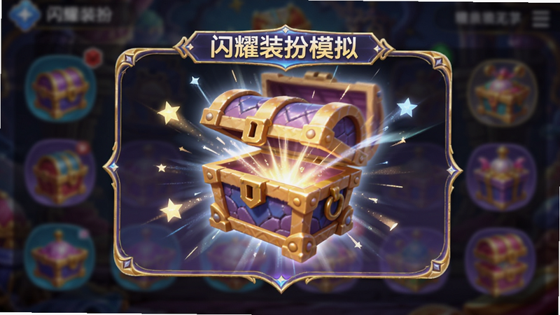 主体为‘闪耀装扮模拟’的抽卡界面,显示旋转的宝箱与光芒效果,布局为中央弹窗式,风格为华丽特效风,细节展示宝箱开启的动态瞬间,画质璀璨,背景模糊,突出宝箱主体,无其他UI干扰