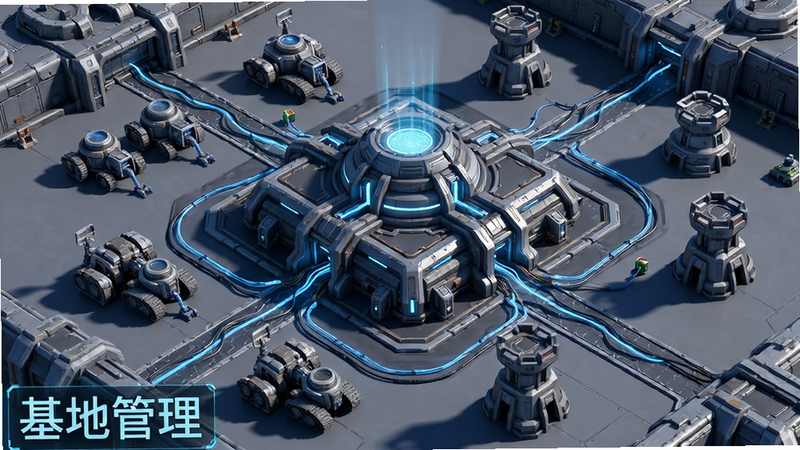 主体为《变形金刚:新纪元》的基地建设场景,布局为俯视角,中央为基地核心建筑,周围分布着资源采集设施与防御塔,排版规整,风格为科幻基地,细节展示建筑的光效与连接线路,画质精细,干净,无多余元素,文字'基地管理'位于左下角