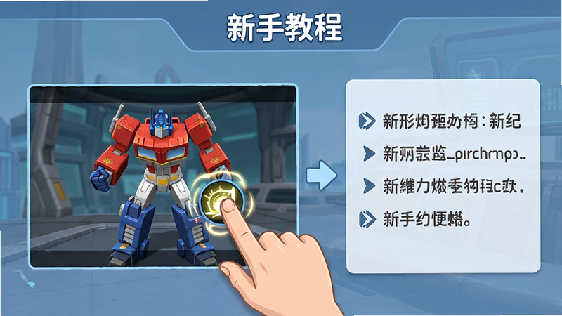 主体为《变形金刚:新纪元》新手教程界面,布局为步骤引导式,左侧为操作演示动画,右侧为文字说明,排版简洁明了,风格为友好引导,细节展示手指点击技能的动态效果,画质清晰,干净,无多余元素,文字'新手教程'位于顶部中央