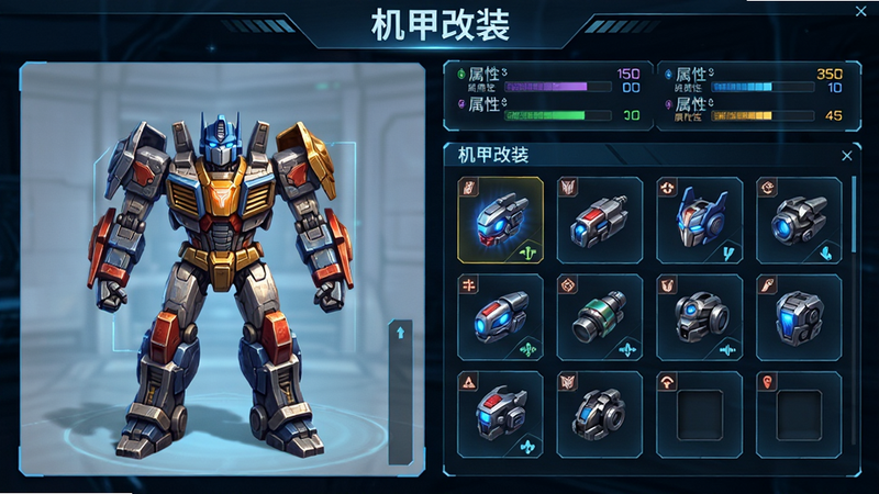 主体为《变形金刚:新纪元》的机甲改装界面,布局分为左侧角色展示区与右侧零件槽位区,上方为属性数值面板,排版清晰有序,风格为科技感UI设计,细节展示零件的发光效果与属性图标,画质精细,干净,无多余元素,文字'机甲改装'位于顶部